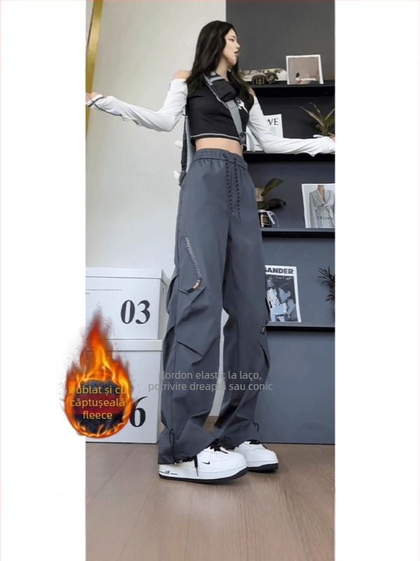 Pantaloni cargo cu pliuri, stil american, pentru bărbați și femei, căptuți, rezistenți la apă și vânt, talie medie cu curea, închidere cu șnur, buzunare multiple, material poliester