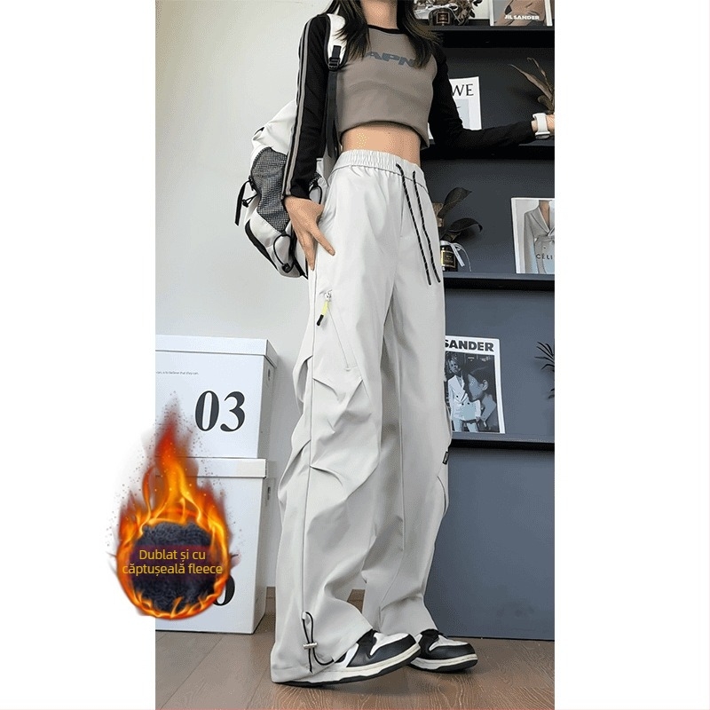 Pantaloni cargo cu pliuri, stil american, pentru bărbați și femei, căptuți, rezistenți la apă și vânt, talie medie cu curea, închidere cu șnur, buzunare multiple, material poliester