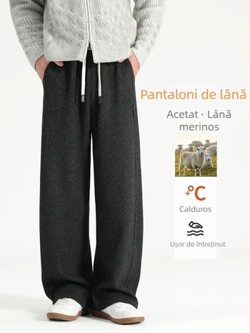 Pantaloni casual din amestec de lână, căptuțiți cu fleece pentru iarnă, croială dreaptă, talie medie