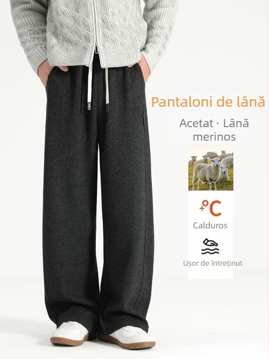 Pantaloni casual din amestec de lână, căptuțiți cu fleece pentru iarnă, croială dreaptă, talie medie