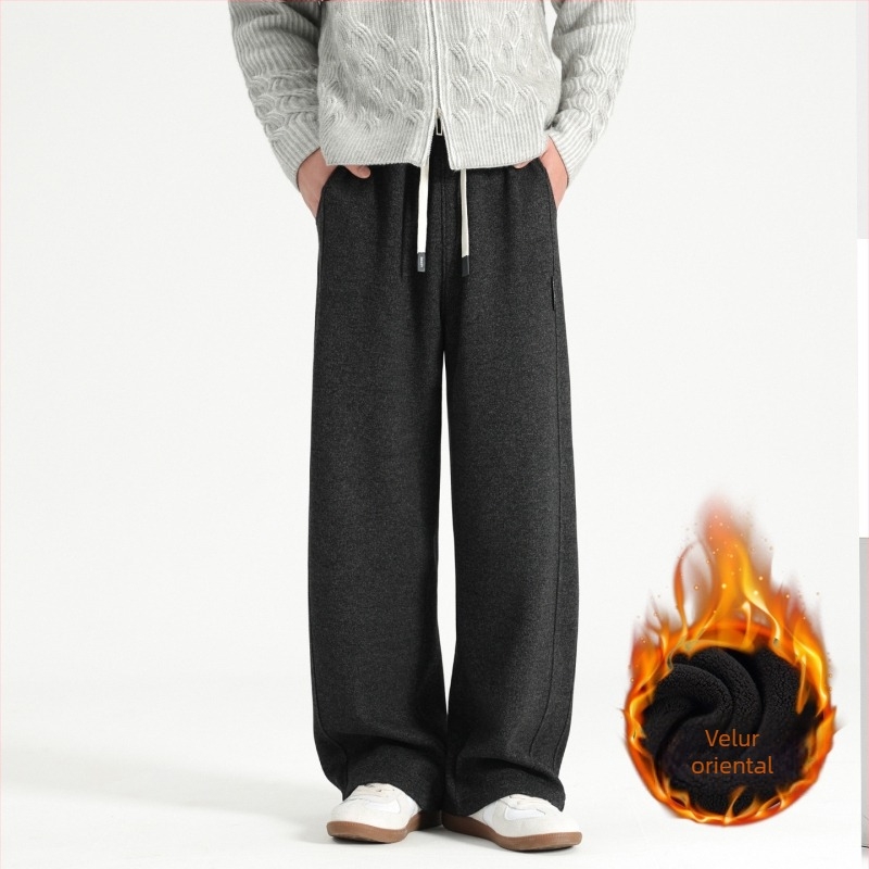 Pantaloni casual din amestec de lână, căptuțiți cu fleece pentru iarnă, croială dreaptă, talie medie