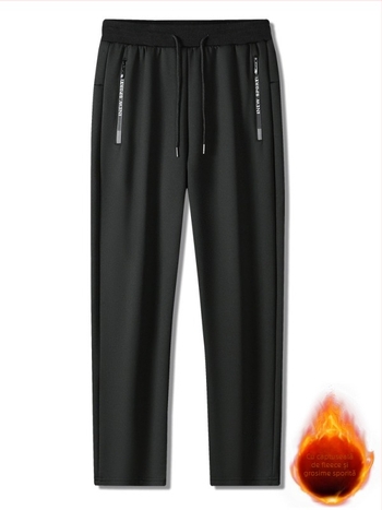 Pantaloni bărbați cu căptușeală de fleece, croială lejeră, talie mijlocie, poliester, iarnă 2025