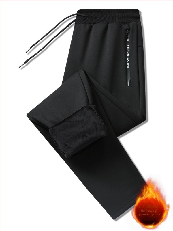 Pantaloni bărbați cu căptușeală de fleece, croială lejeră, talie mijlocie, poliester, iarnă 2025