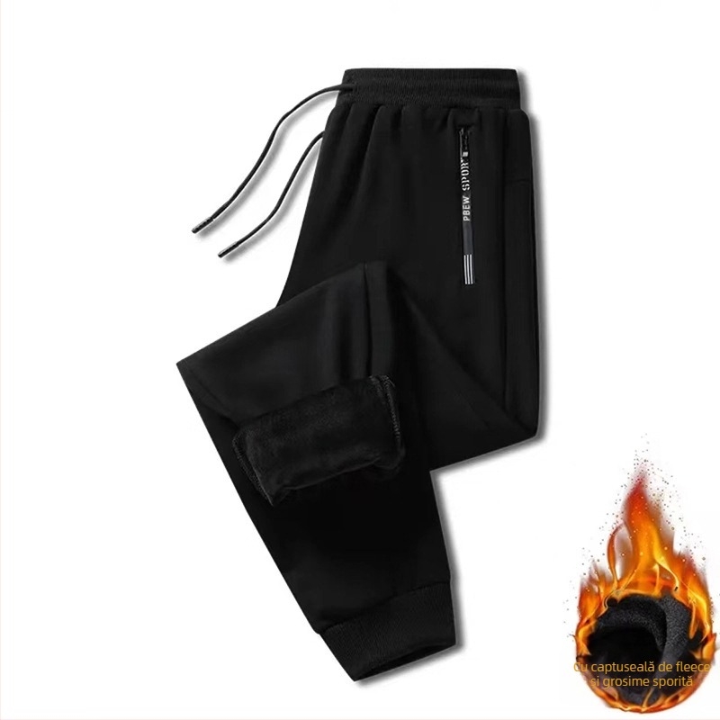Pantaloni bărbați cu căptușeală de fleece, croială lejeră, talie mijlocie, poliester, iarnă 2025