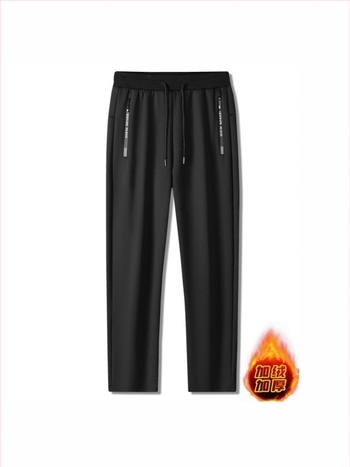 Pantaloni bărbați cu căptușeală din fleece, croială lejeră dreaptă, talie medie, stil korean, lungi, poliester, iarna 2025