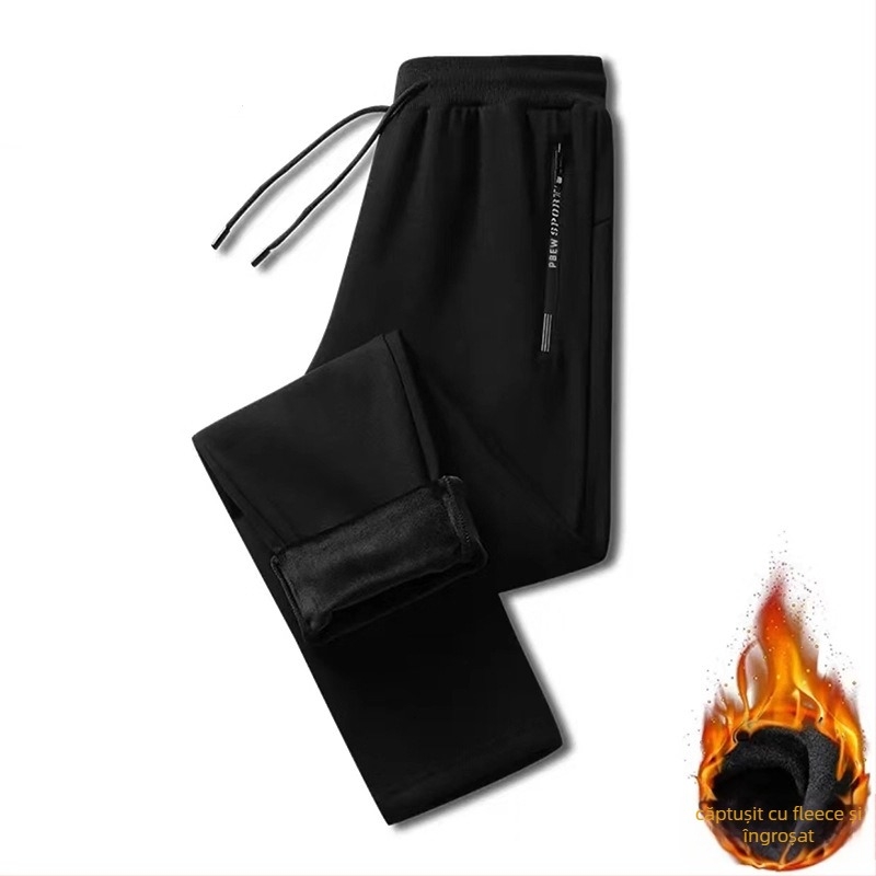Pantaloni bărbați cu căptușeală din fleece, croială lejeră dreaptă, talie medie, stil korean, lungi, poliester, iarna 2025