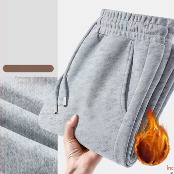 Pantaloni sport pentru bărbați, cu căptușeală fleece, largi, croială dreaptă, iarnă 2025, material din bumbac amestec
