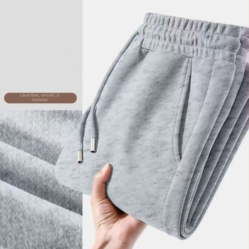 Pantaloni sport pentru bărbați, cu căptușeală fleece, largi, croială dreaptă, iarnă 2025, material din bumbac amestec
