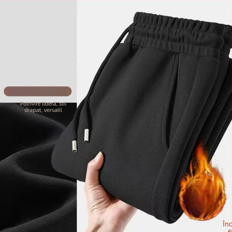 Pantaloni sport pentru bărbați, cu căptușeală fleece, largi, croială dreaptă, iarnă 2025, material din bumbac amestec
