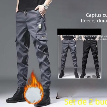 Pantaloni de lucru bărbați, căptuți cu fleece, croială dreaptă, talie înaltă, țesătură din fibre de bambus