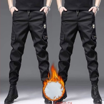 Pantaloni de lucru bărbați, căptuți cu fleece, croială dreaptă, talie înaltă, țesătură din fibre de bambus