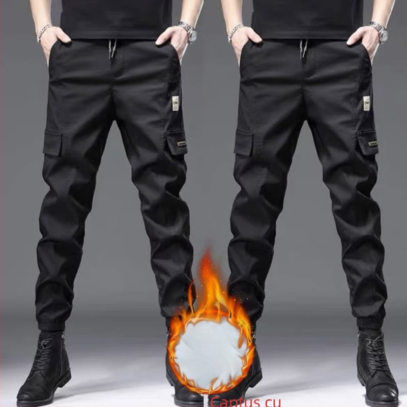 Pantaloni de lucru bărbați, căptuți cu fleece, croială dreaptă, talie înaltă, țesătură din fibre de bambus