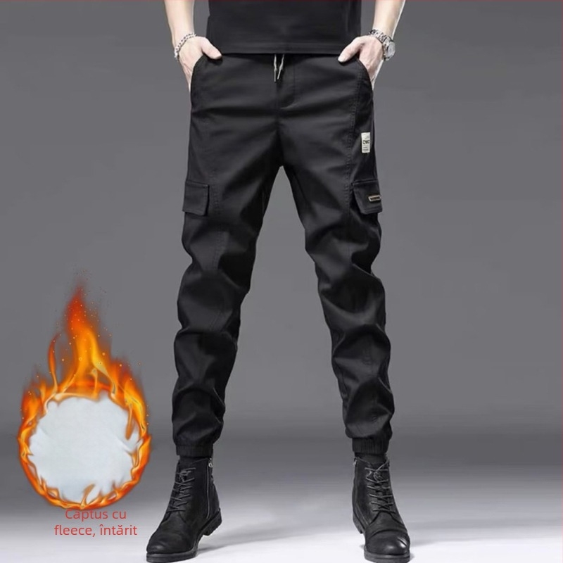 Pantaloni de lucru bărbați, căptuți cu fleece, croială dreaptă, talie înaltă, țesătură din fibre de bambus