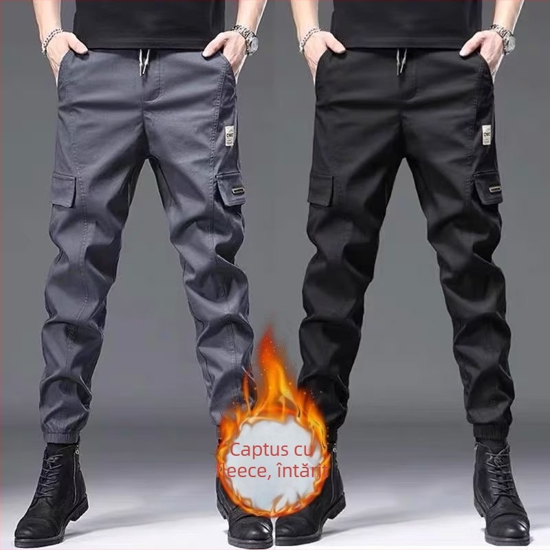 Pantaloni de lucru bărbați, căptuți cu fleece, croială dreaptă, talie înaltă, țesătură din fibre de bambus