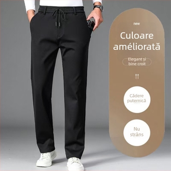 Pantaloni bărbați drepti, talie elastică, căptușiți cu fleece, fermoar, poliester