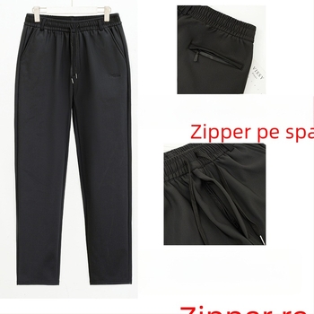 Pantaloni bărbați drepti, talie elastică, căptușiți cu fleece, fermoar, poliester