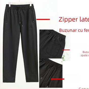 Pantaloni bărbați drepti, talie elastică, căptușiți cu fleece, fermoar, poliester