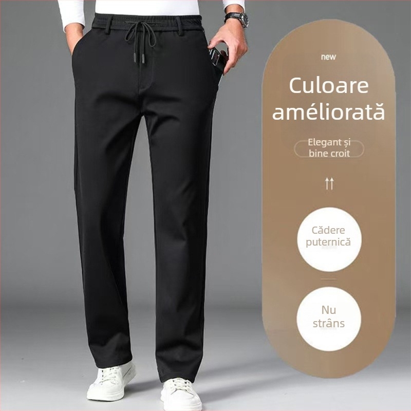 Pantaloni bărbați drepti, talie elastică, căptușiți cu fleece, fermoar, poliester