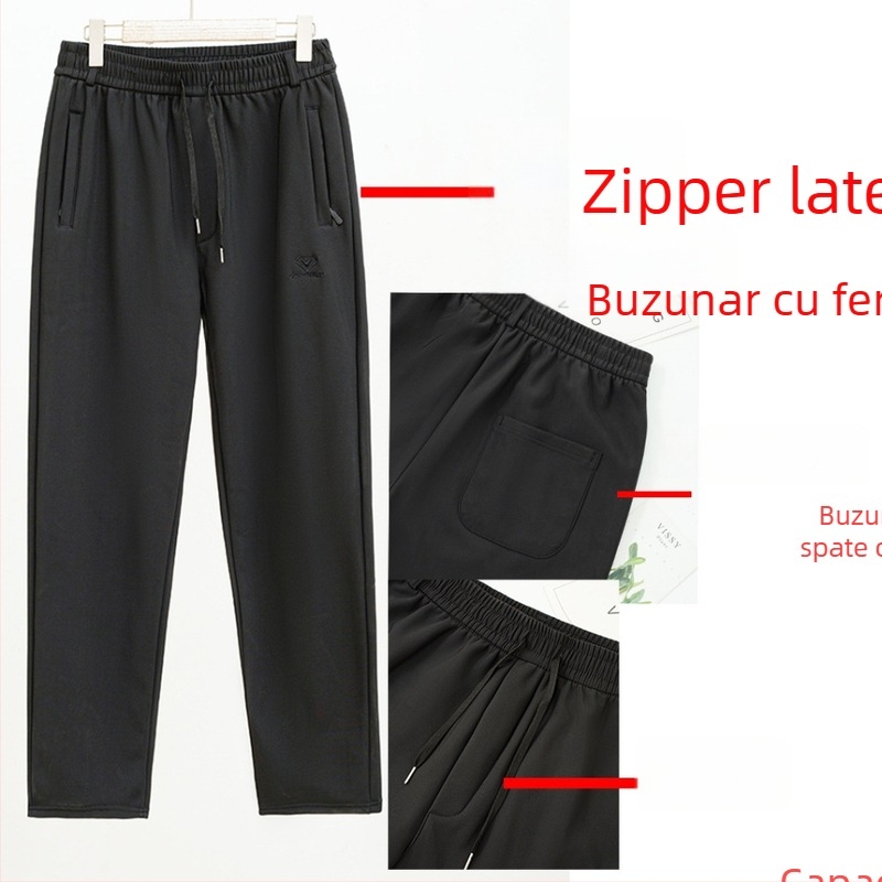 Pantaloni bărbați drepti, talie elastică, căptușiți cu fleece, fermoar, poliester