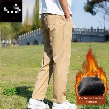 Pantaloni cargo pentru bărbați, căptuți cu fleece, material poliester, talie medie, fermoar, croială dreaptă