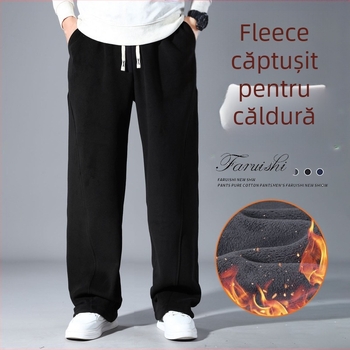 Pantaloni trening bărbați cu fleece, talie înaltă, șnur de închidere, croială dreaptă, iarnă, mărime plus