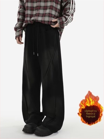 Pantaloni sport pentru bărbați cu căptușeală din fleece, design plisat, talie înaltă, curea, închidere cu șnur, croială dreaptă