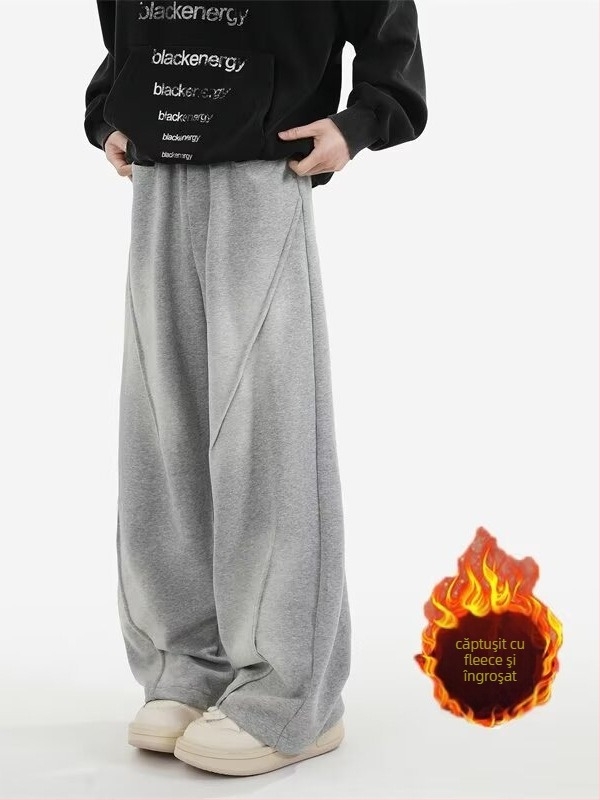 Pantaloni sport pentru bărbați cu căptușeală din fleece, design plisat, talie înaltă, curea, închidere cu șnur, croială dreaptă