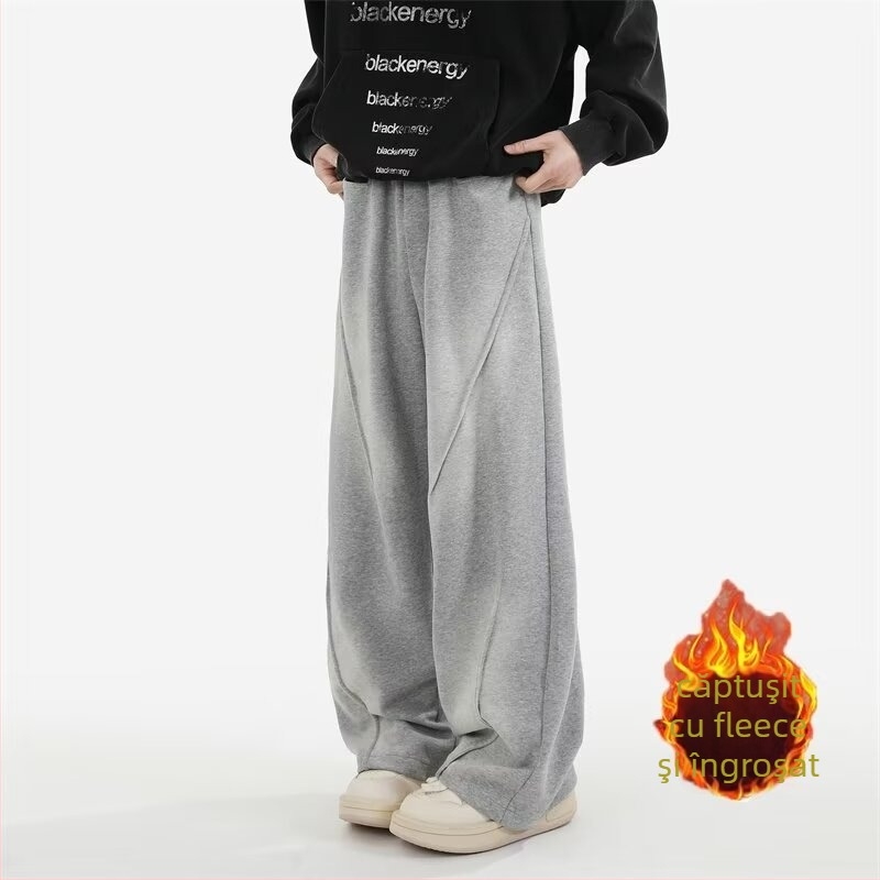 Pantaloni sport pentru bărbați cu căptușeală din fleece, design plisat, talie înaltă, curea, închidere cu șnur, croială dreaptă