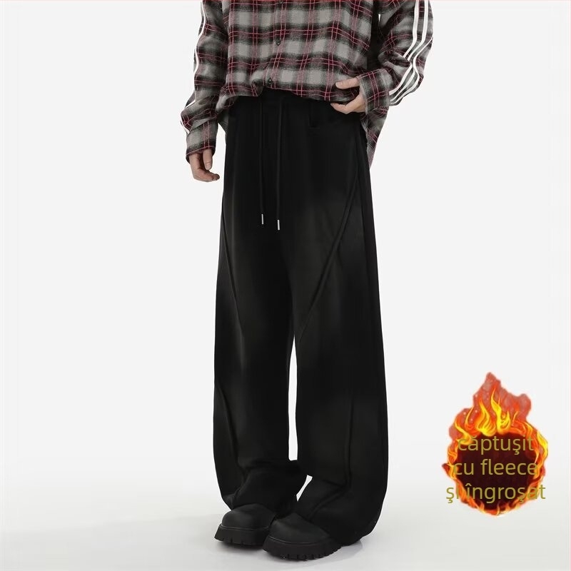 Pantaloni sport pentru bărbați cu căptușeală din fleece, design plisat, talie înaltă, curea, închidere cu șnur, croială dreaptă