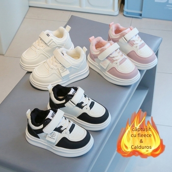 Pantofi sport pentru copii din piele artificială, căptușeală fleece, închidere Velcro, talpă PVC, iarnă