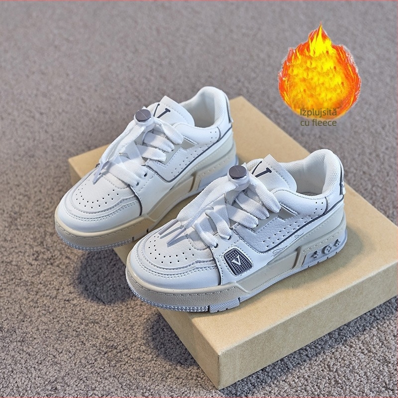 Adidași albi pentru copii din piele (talpă joasă; căptușeală respirabilă din plasă; talpă din cauciuc; unisex)