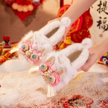 Pantofi pentru copii cu cap de tigru, broderie, stil etnic, făcut manual (Vârsta: 4–16 ani; Material partea superioară: bumbac; Model: etnic; Talpă: TPR; Primăvara 2025)