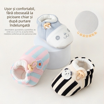 Pantofi pentru copii mici cu broderie de desene animate, partea superioară din bumbac, talpă moale antiderapant, închidere elastică, 12–36 luni