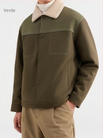 Jachetă bărbătească din suede cu căptușeală fleece, croială lejeră, guler rever, închidere cu nasturi pe un rând, buzunare patch