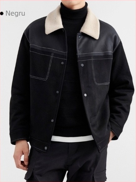 Jachetă bărbătească din suede cu căptușeală fleece, croială lejeră, guler rever, închidere cu nasturi pe un rând, buzunare patch