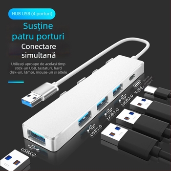 Hub USB 3.0 OTG cu 4 porturi, viteză de transfer 5 Gbps, alimentare prin USB (fără sursă externă)