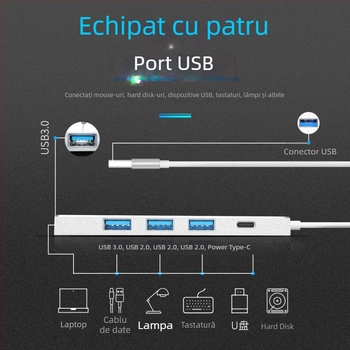Hub USB 3.0 OTG cu 4 porturi, viteză de transfer 5 Gbps, alimentare prin USB (fără sursă externă)