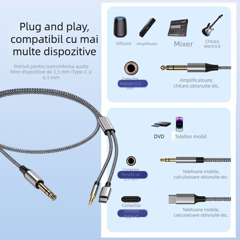 Cablu audio de la 6,5 mm la 3,5 mm, Model 1-JYD-002, placat cu aur, conductor din cupru, CCC certificat