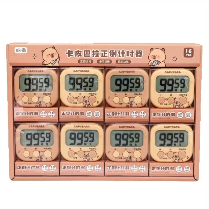 Capybara Snap Timer — temporizator electronic pentru bucătărie cu alarmă, afișaj LED numeric, alimentare cu baterie, formă pătrată, stil cartoon