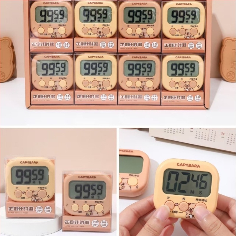 Capybara Snap Timer — temporizator electronic pentru bucătărie cu alarmă, afișaj LED numeric, alimentare cu baterie, formă pătrată, stil cartoon