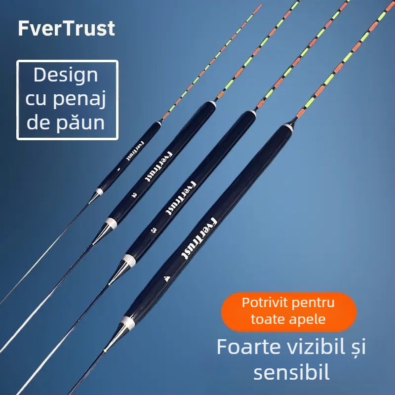 Plută de pescuit cu derivație verticală — material din pene de păun