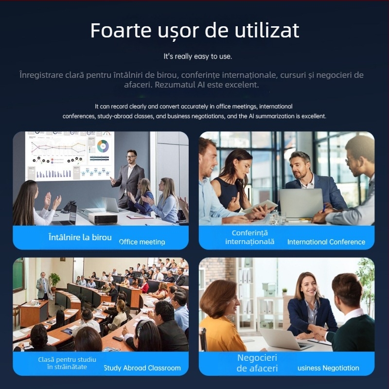 Dictafon AI cu card – Înregistrare cu un singur clic, MP3, 30 de ore de înregistrare, Trei microfoane, Carcasă din aluminiu de calitate aeronautică