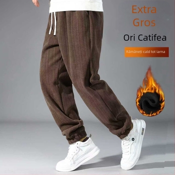 Pantaloni trening bărbați cu jacquard, model spic de grâu, căptuți cu fleece și groși, 95% poliester