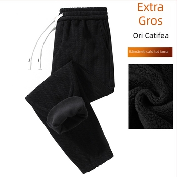 Pantaloni trening bărbați cu jacquard, model spic de grâu, căptuți cu fleece și groși, 95% poliester