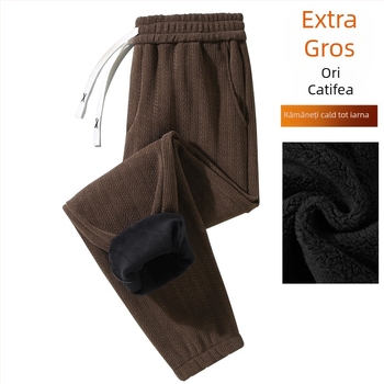 Pantaloni trening bărbați cu jacquard, model spic de grâu, căptuți cu fleece și groși, 95% poliester