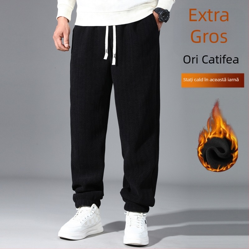 Pantaloni trening bărbați cu jacquard, model spic de grâu, căptuți cu fleece și groși, 95% poliester