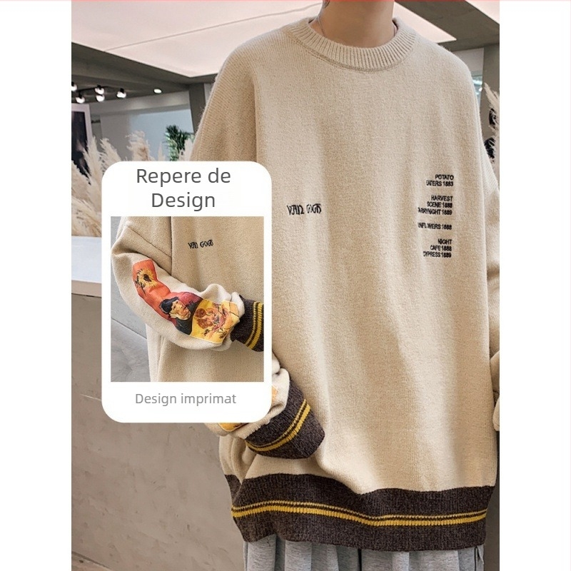 Pulover bărbați lejer, cu guler rotund, tricot jacquard, mâneci lungi, amestec poliester respirabil