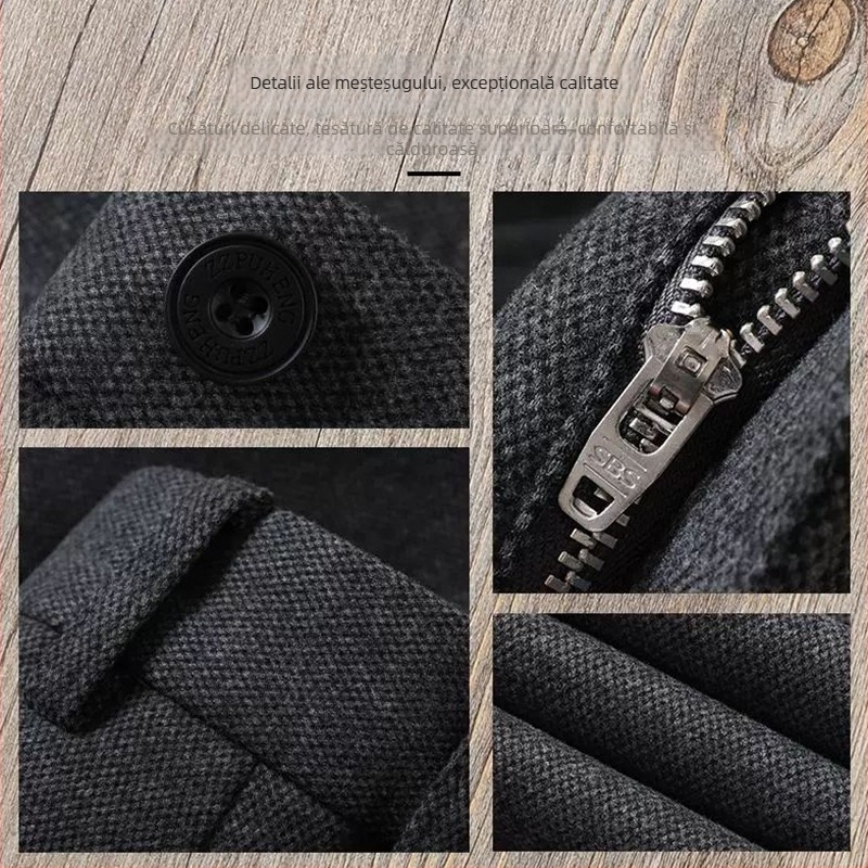 Pantaloni bărbați business casual, croială dreaptă, talie medie, țesătură elastă, finisaj periat, fermoar