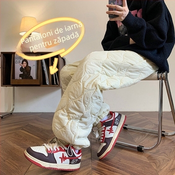 Pantaloni de iarnă sport casual pentru bărbați, croială dreaptă, 100% poliester, țesătură groasă, cu curea și închidere cu șnur