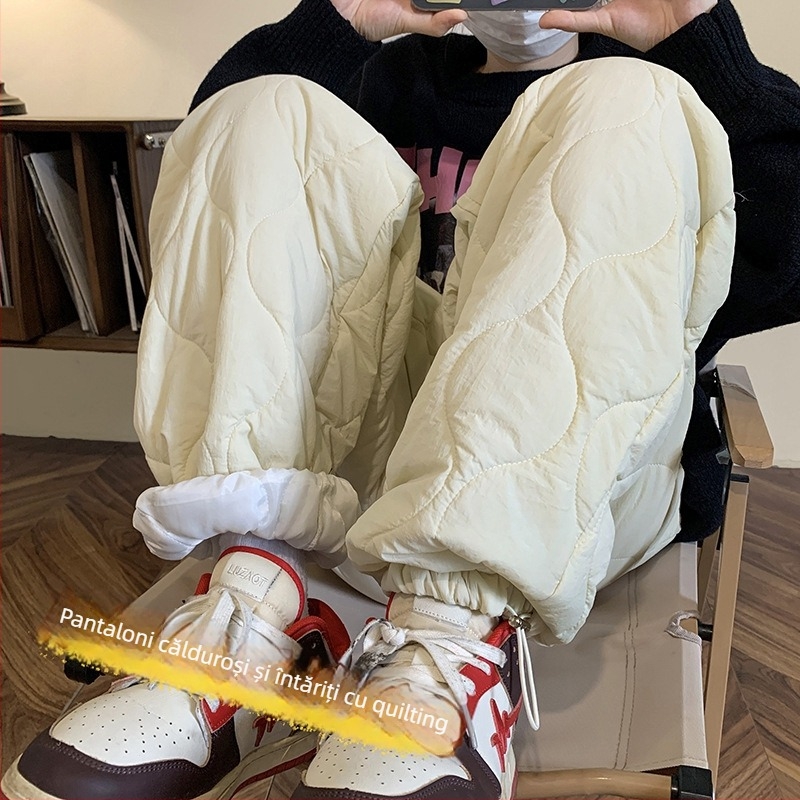 Pantaloni de iarnă sport casual pentru bărbați, croială dreaptă, 100% poliester, țesătură groasă, cu curea și închidere cu șnur